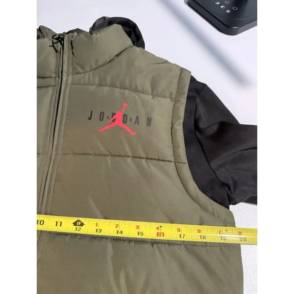 NIKE AIR JORDAN Puffer Vest Hoodie Jacket L 12-13 Yrs Black Therma Fit Spell Out